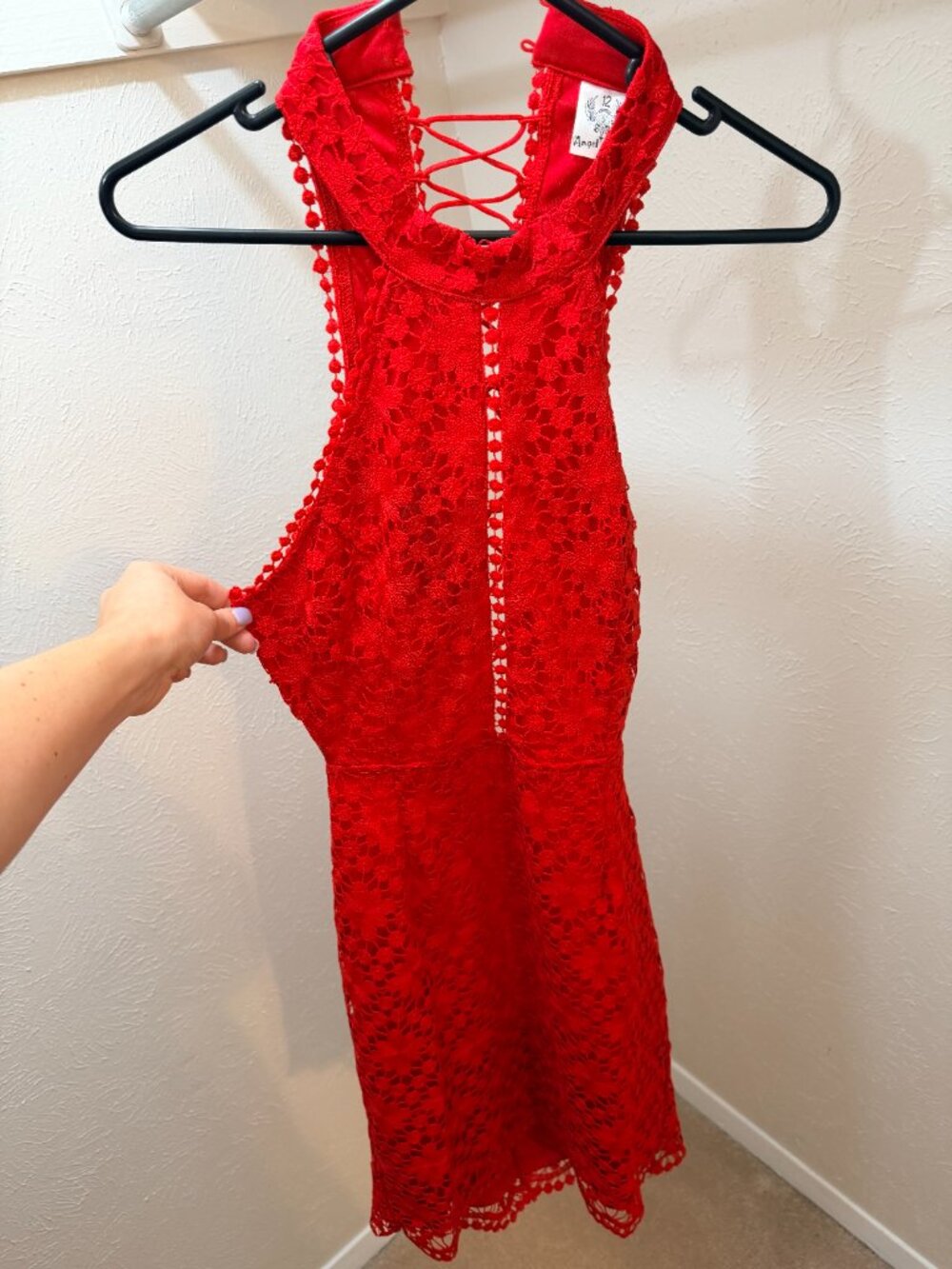 Hello Molly High Neck Red Crochet Mini Dress with Lace Up Back